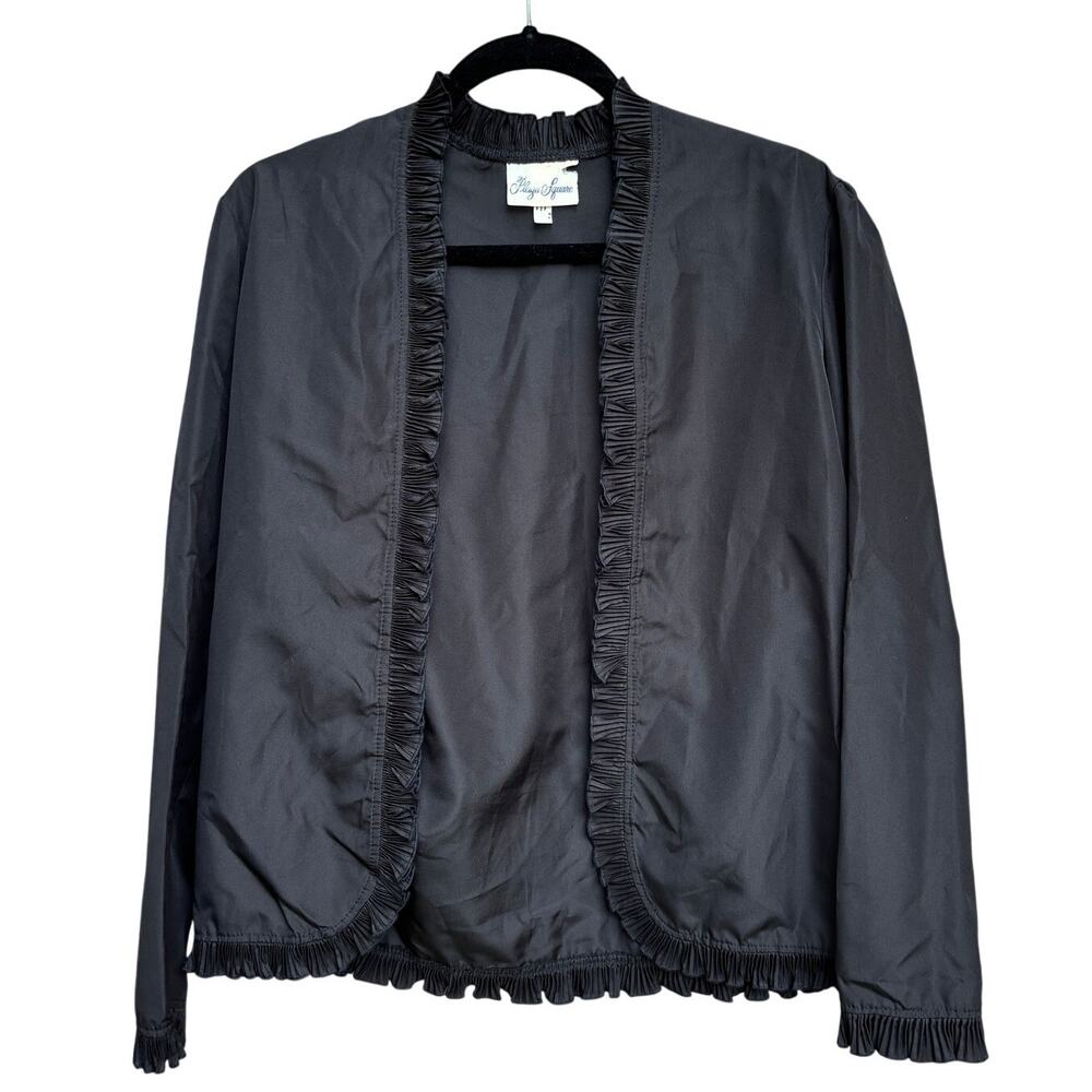 Vintage 1960s Plaza Square Black Acetate Bolero Jacket Ruffle Trim Union Tag